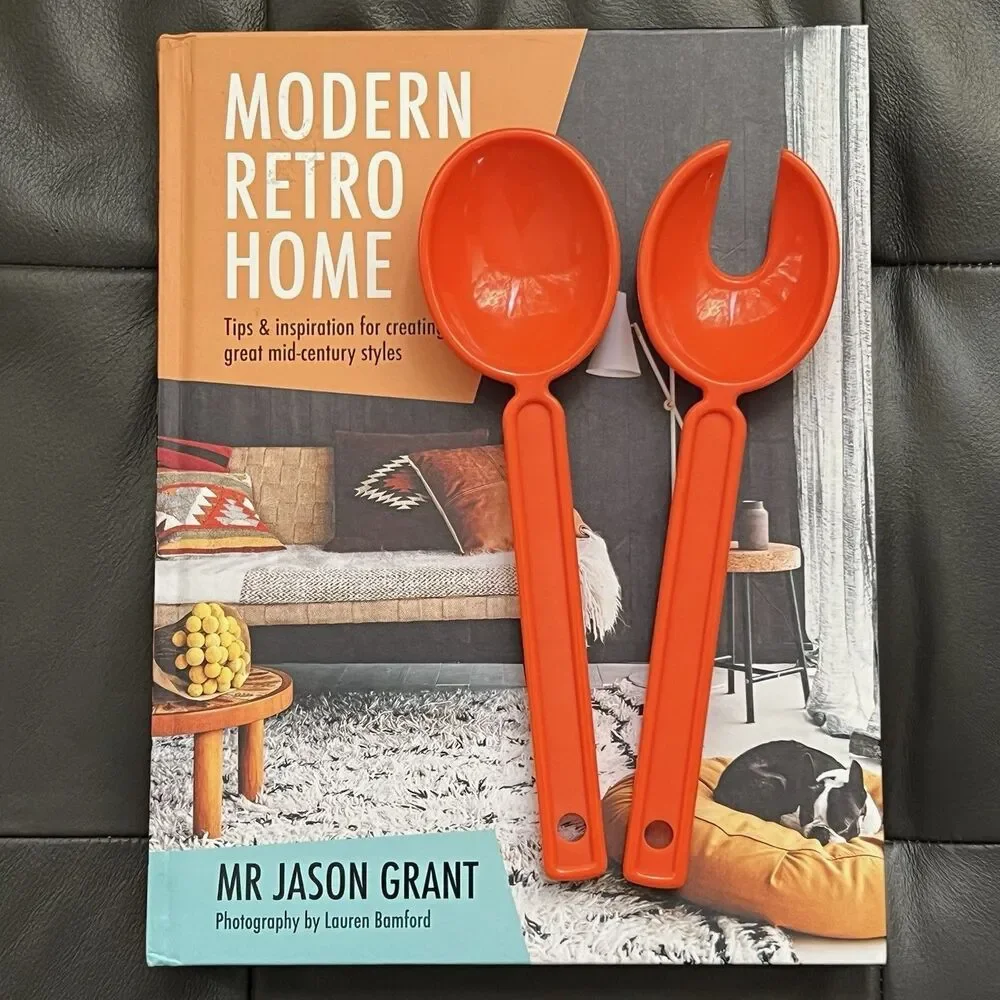 VINTAGE 1970s MCM Salad Serving Utensils Orange Melamine Spoon Slotted Fork